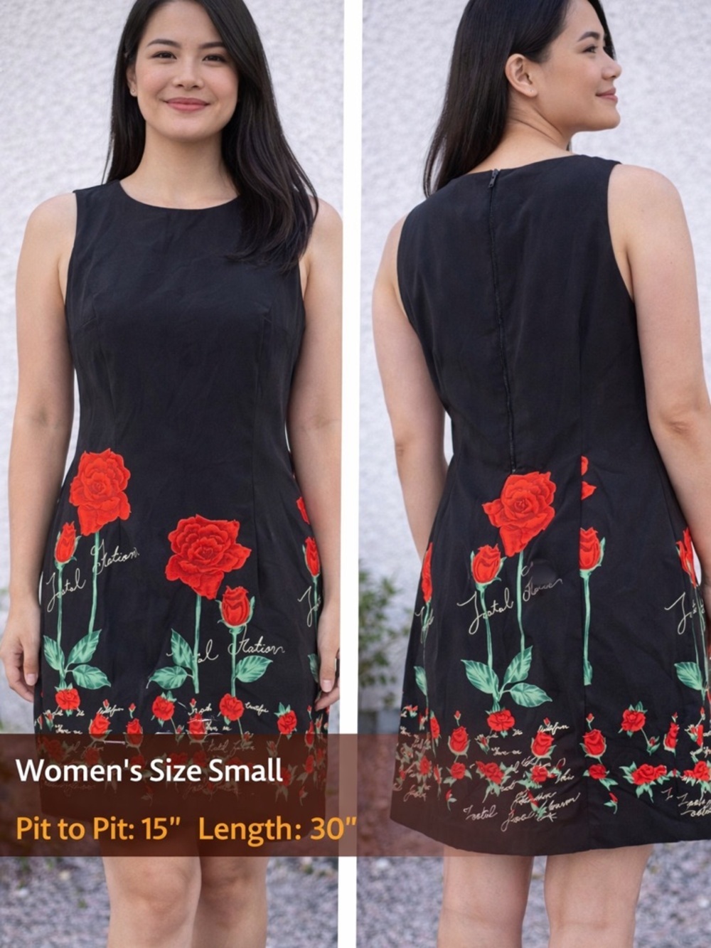 Designer club Black Dress with Red Rose Print - Dress small Pit 15” Length 30”